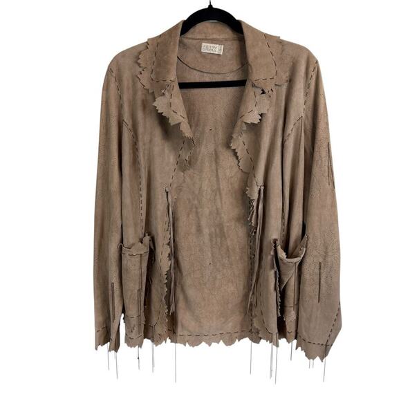 Kerry Grima Suede Leather Handmade Perforated Open Front Jacket Brown Size Small - Picture 1 of 6